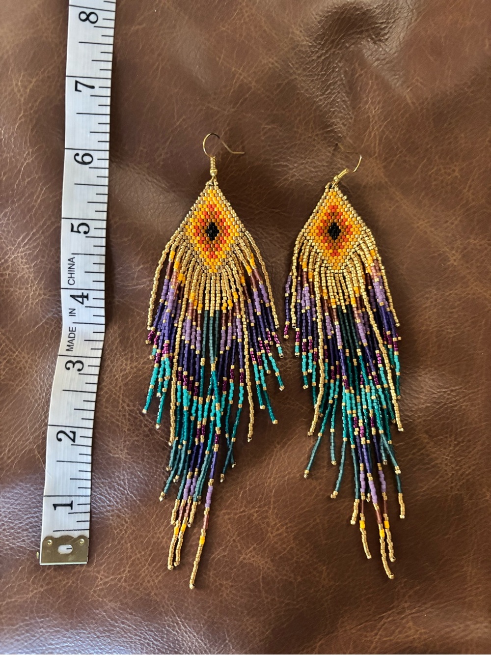 Beaded Fringe Drop Earrings in Yellow, Teal & Purple - Women Jewelry